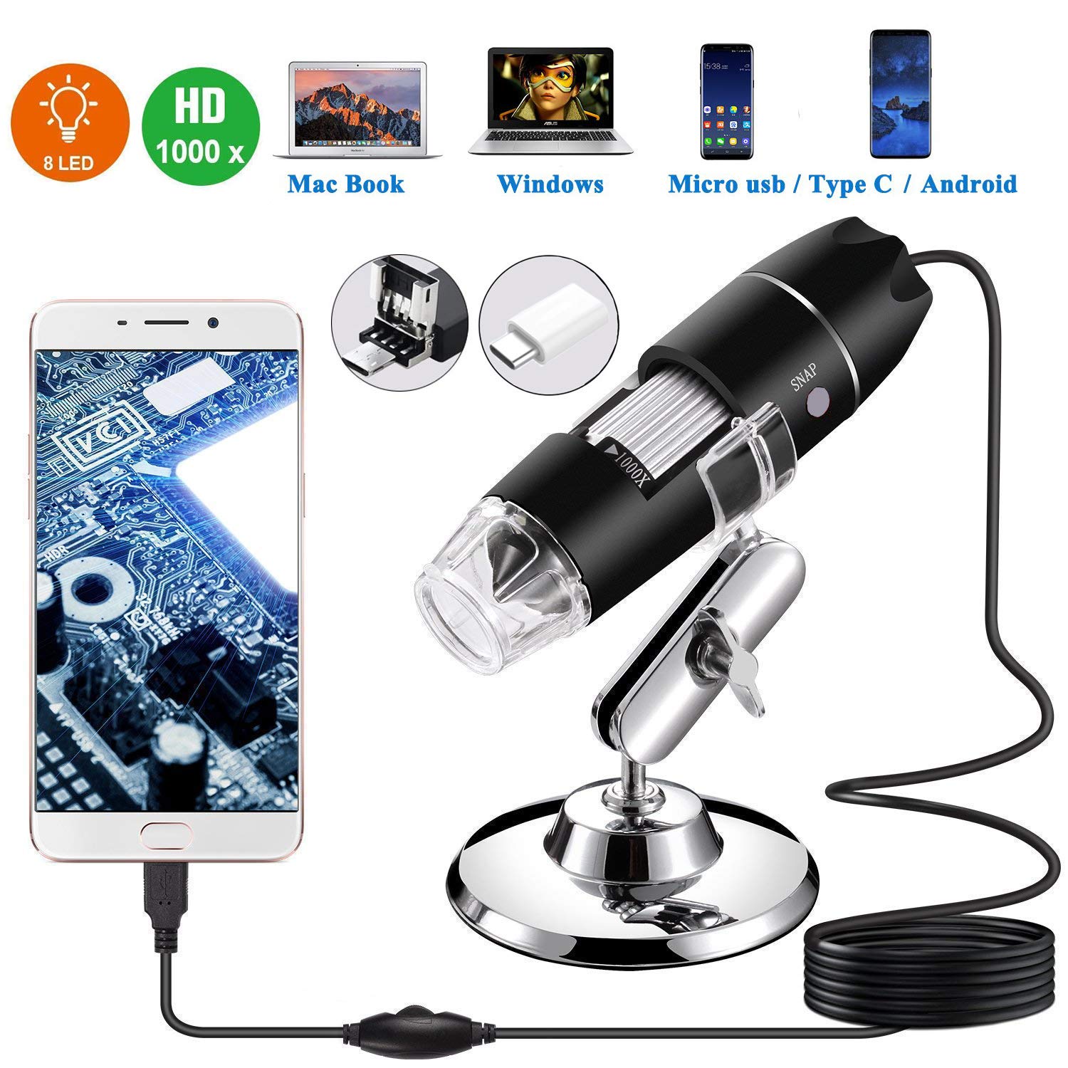 Windows Mac Linux USB Microscope,1000x Zoom Digital Mini Microscope Camera with OTG Adapter and Metal Stand, Compatible for Micro USB Type-C Android 