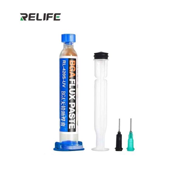 NEW RELIFE FLUX PASTE RL-420S-UV 10CC Material Plastic 1.Configure needles and Needle + push rod for easier to use. 2.Suitable for sensor, wire, SMT repair, circuit welding, tablet phone computer repair, home appliance repair, etc. 3.Running tin is fast and has less smoke. 4.No-clean, easy to tin, no residue. 5.Active ingredients, improve fluidity, easier to tin 6.Applicable to mobile phone PCB, BGA and PGA repair.